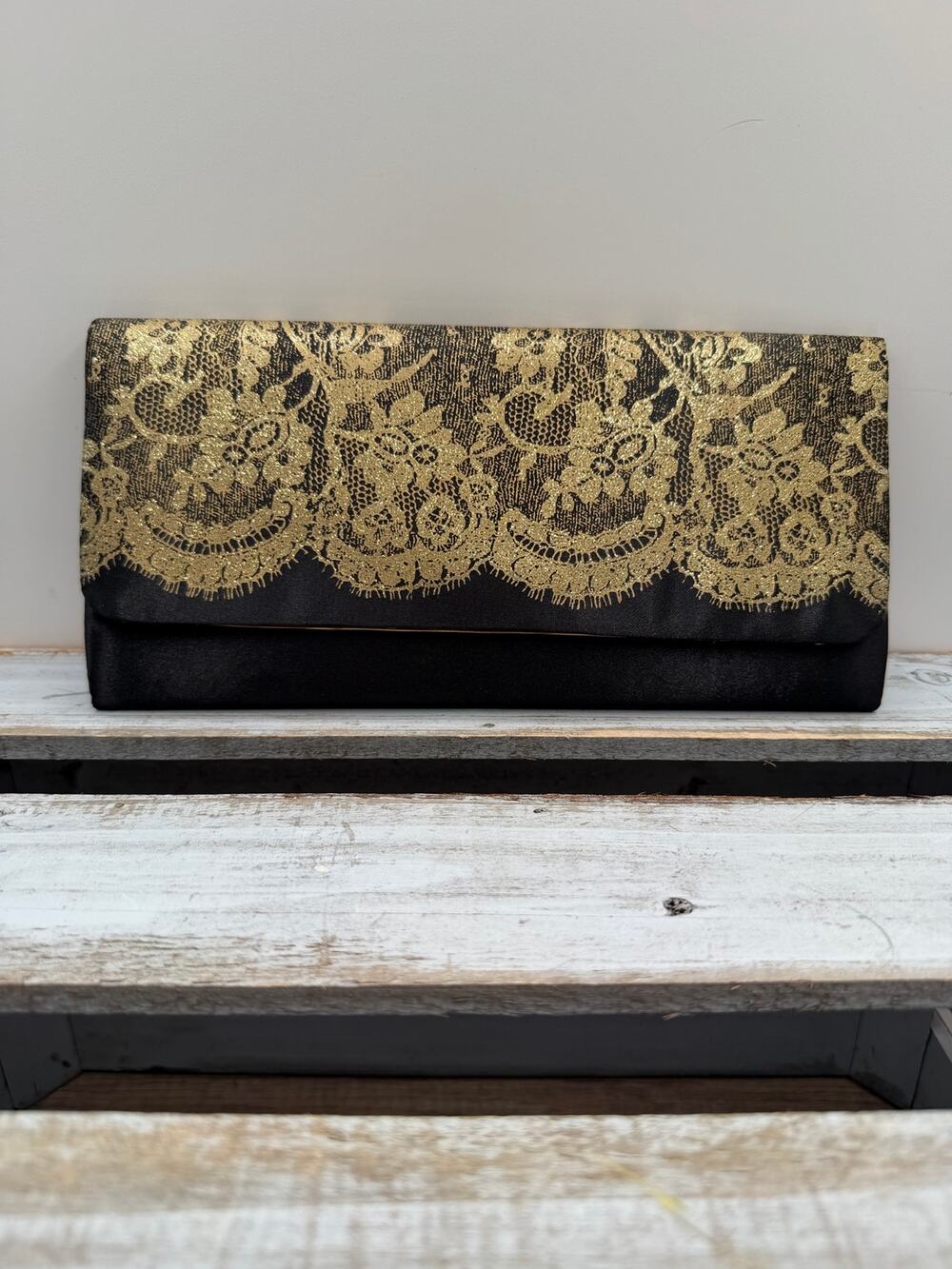Black Satin Gold Lace Evening Clutch Purse -Envelope Magnetic Snap-Party Formal